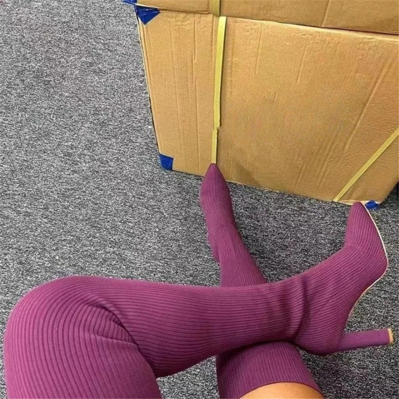 Women's Over The Knee Boots With Ribbed Texture | High Heel