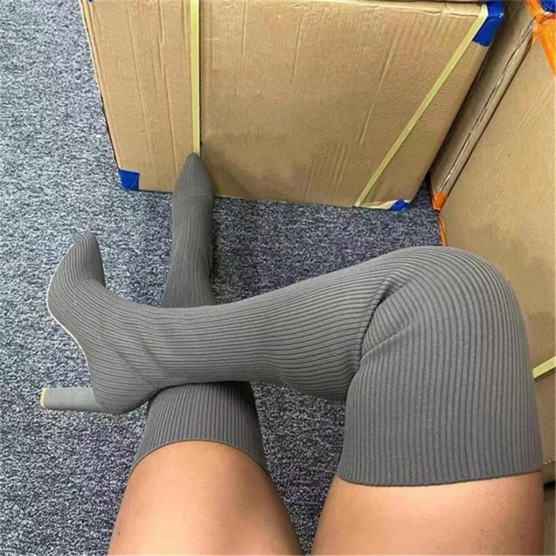 Women's Over The Knee Boots With Ribbed Texture | High Heel