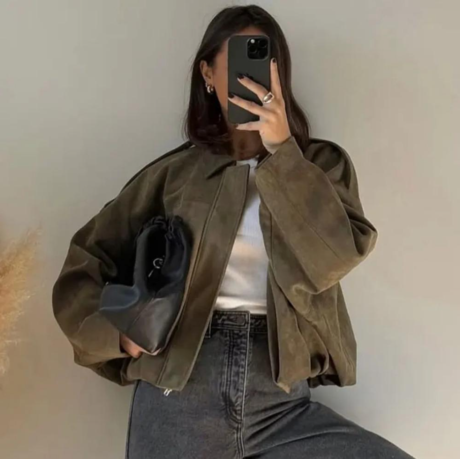 Women's Oversized Cropped Suede Jacket | Textured