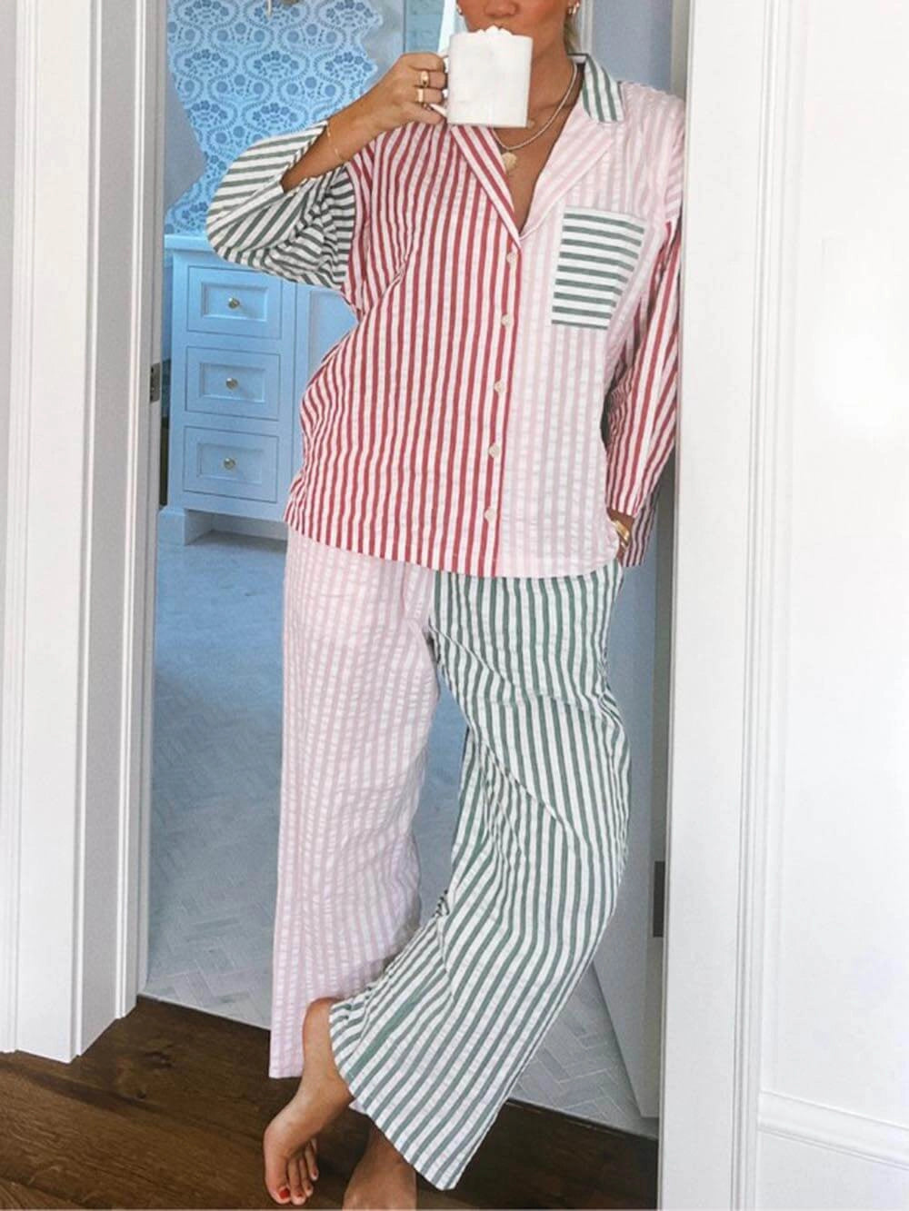 Women's Pyjamas Button Front Mixed Stripe | Patchwork