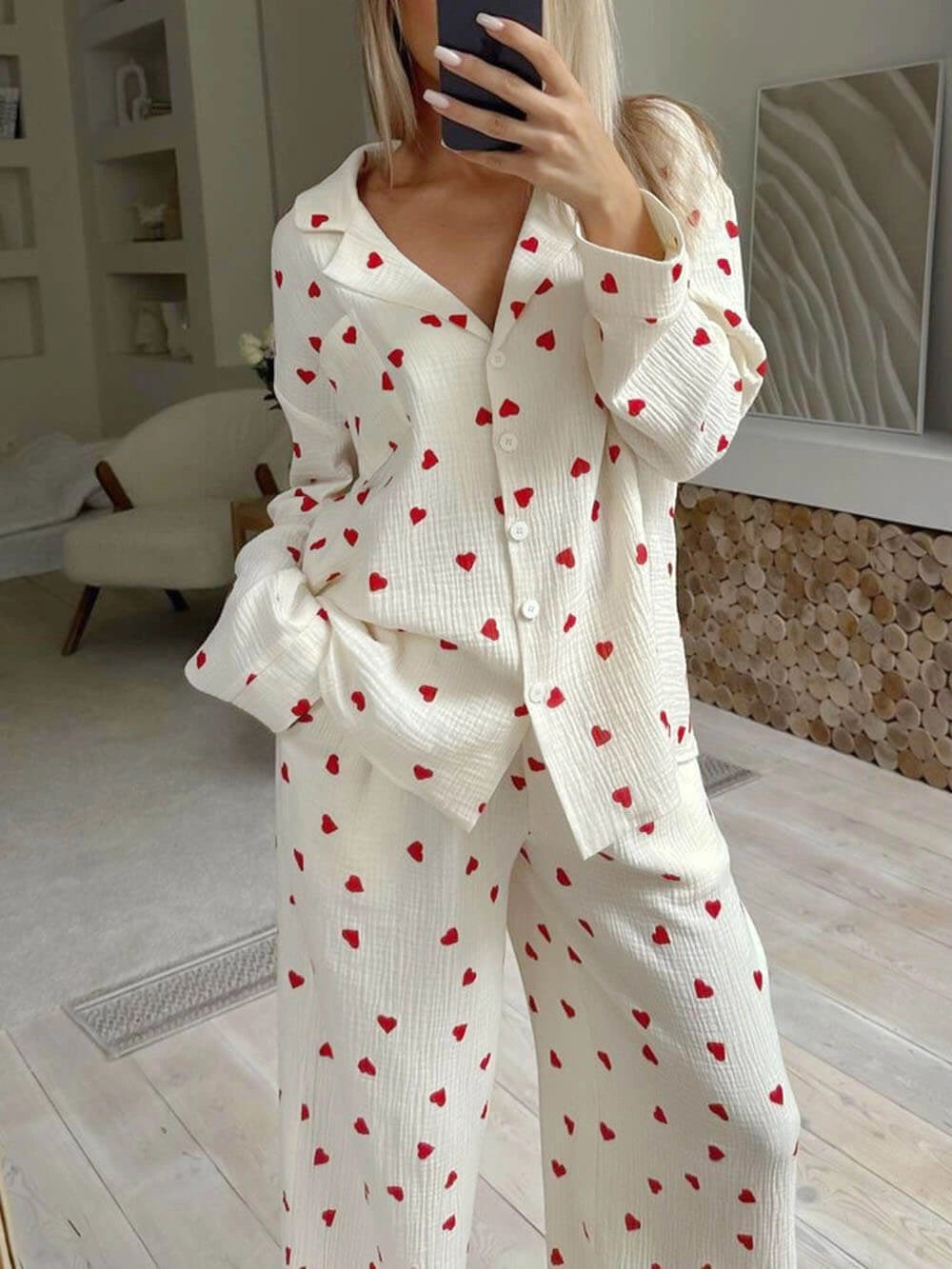 Women's Pyjamas Heart Print Button Front | Wide Leg
