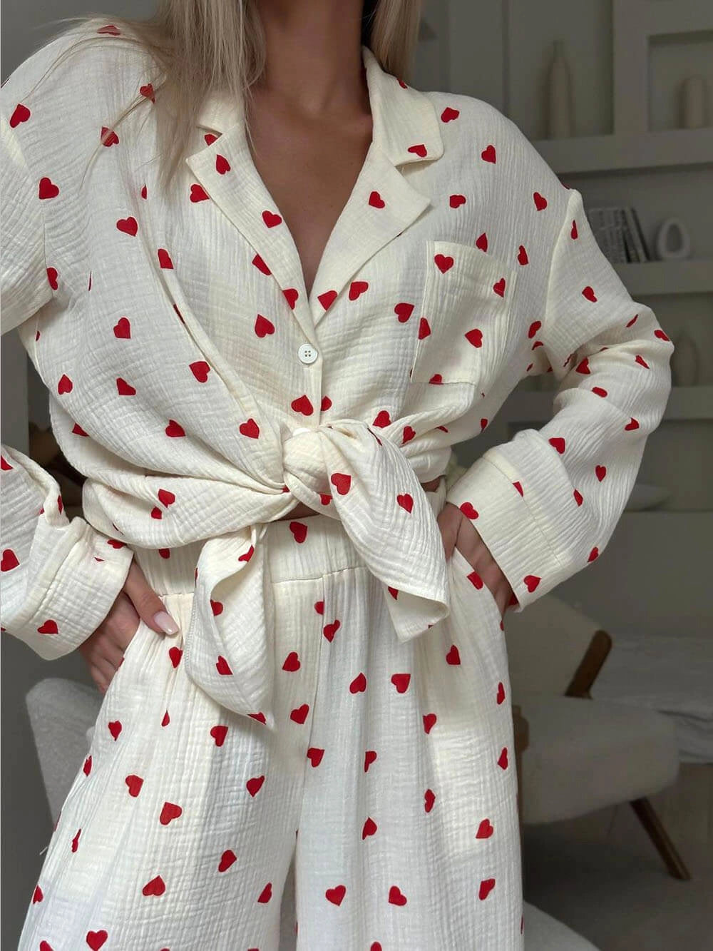 Women's Pyjamas Heart Print Button Front | Wide Leg