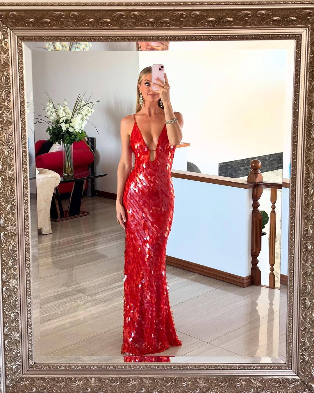Women's Red Sequin Dress Deep V Maxi | Evening