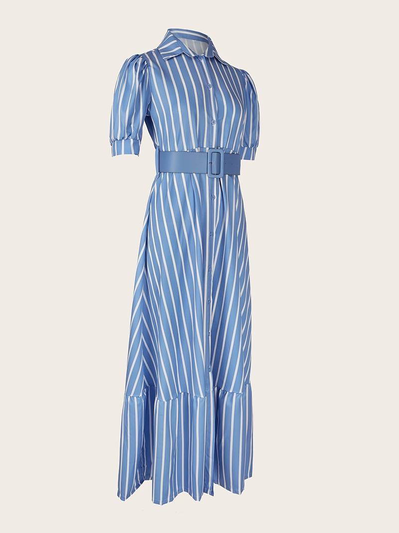 Women's Shirt Dress Striped Puff Sleeves Belted | Modest