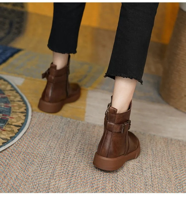 Women's Slip On Ankle Boots With Side Buckle | Flat Sole