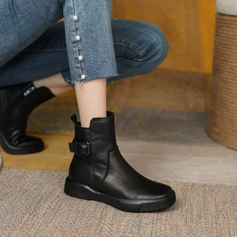 Women's Slip On Ankle Boots With Side Buckle | Flat Sole