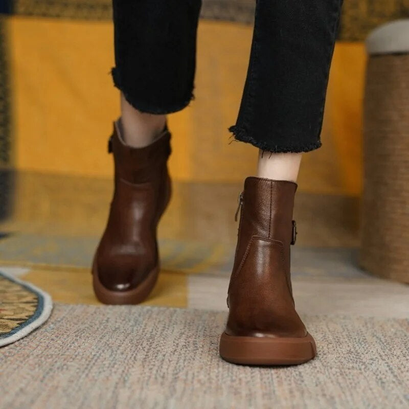 Women's Slip On Ankle Boots With Side Buckle | Flat Sole