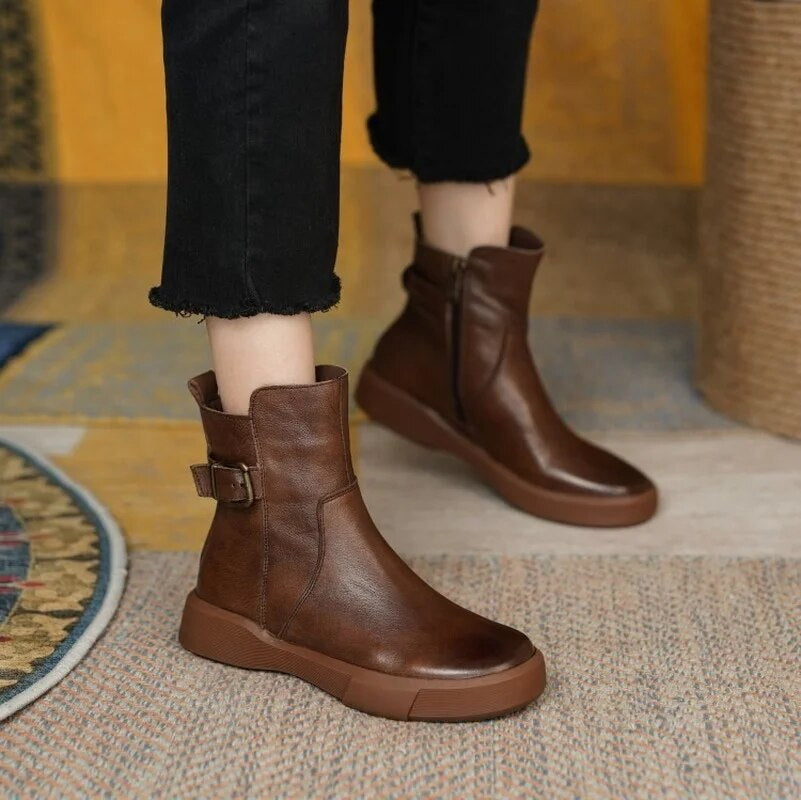 Women's Slip On Ankle Boots With Side Buckle | Flat Sole
