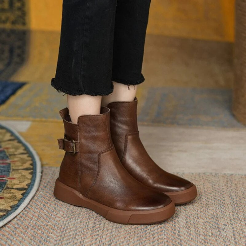 Women's Slip On Ankle Boots With Side Buckle | Flat Sole