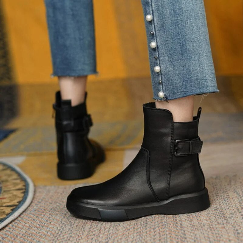 Women's Slip On Ankle Boots With Side Buckle | Flat Sole