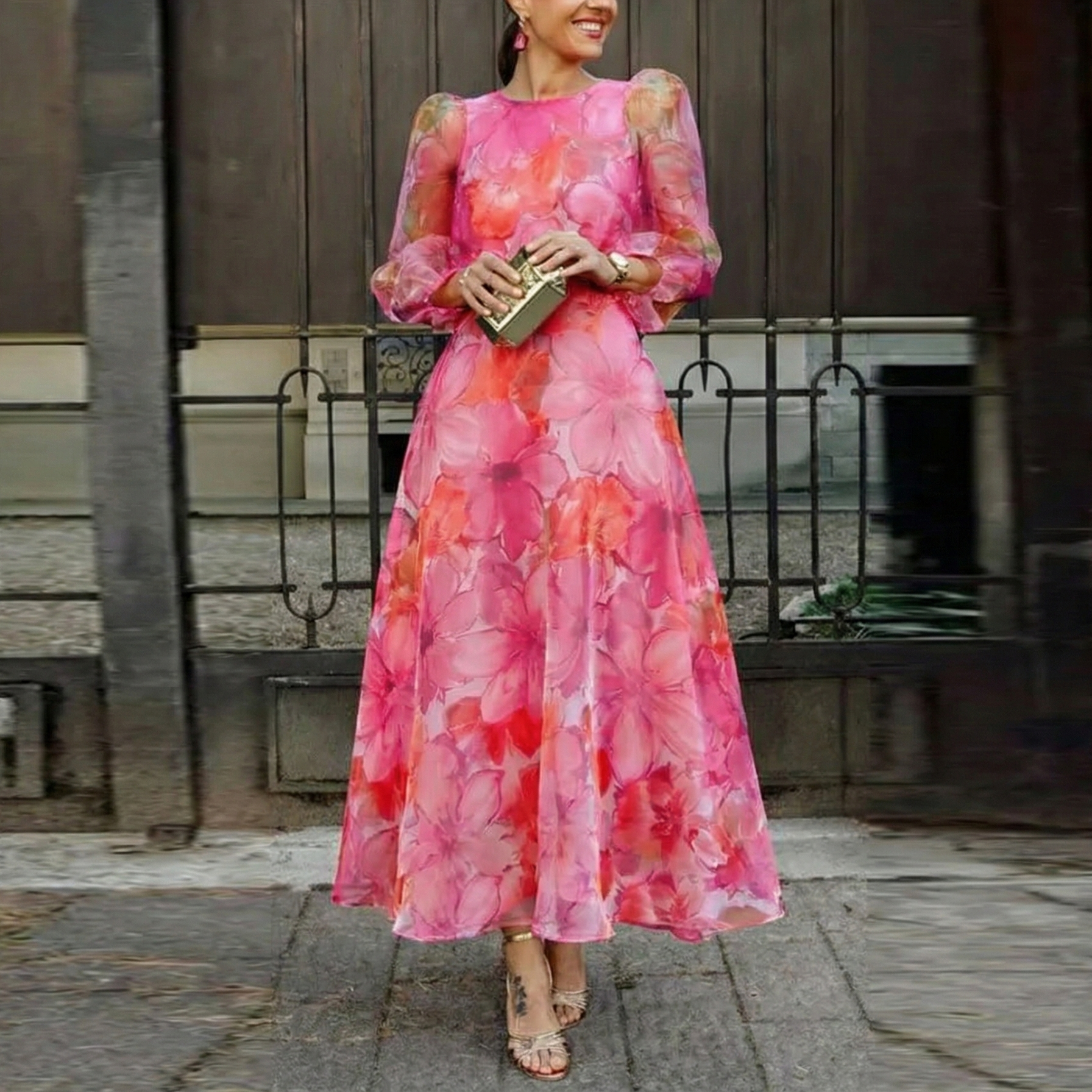 Women's Wedding Guest Dress Floral Midi | Puff Sleeve