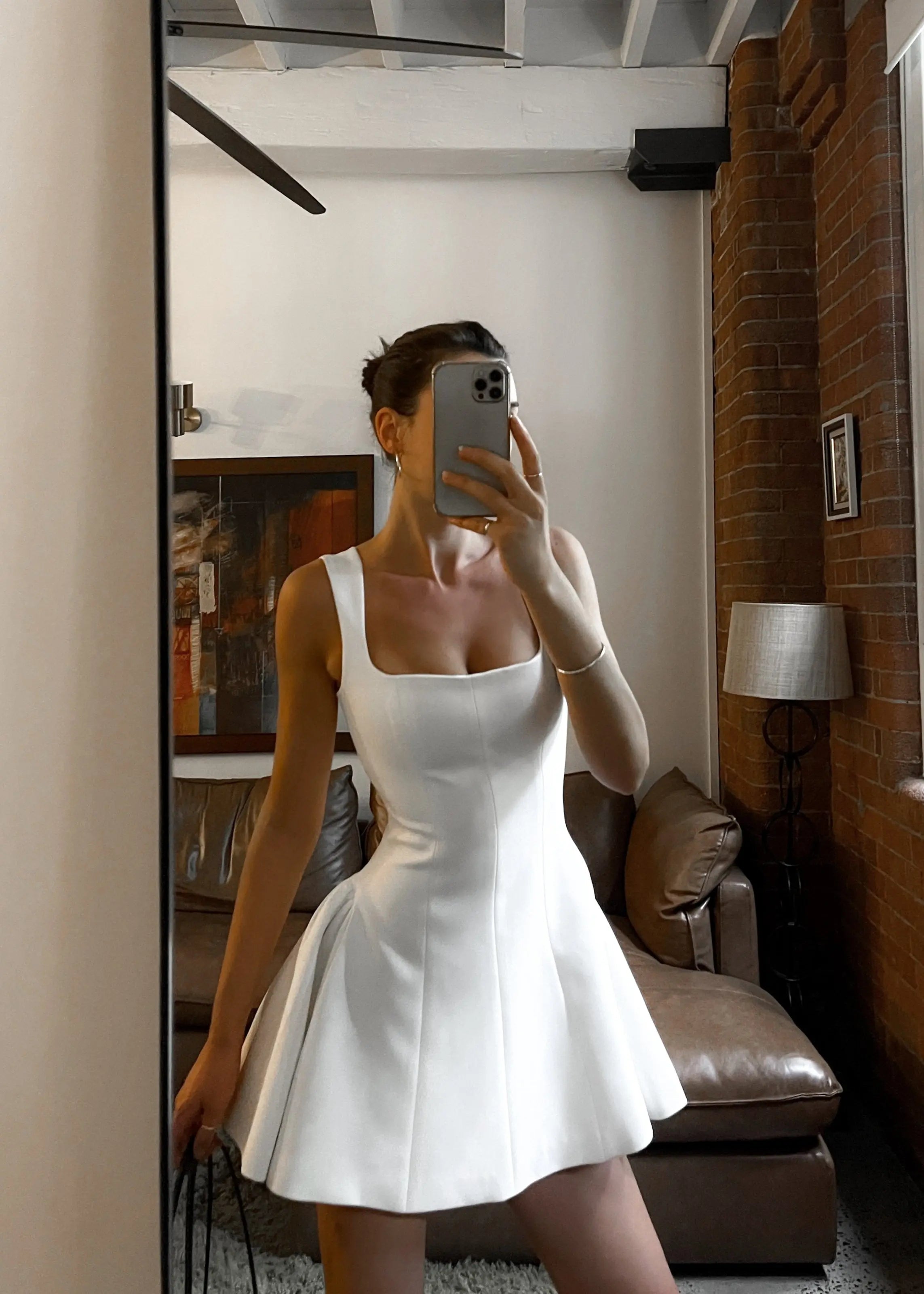 Women's White Dress Square Neck Fit & Flare | Mini