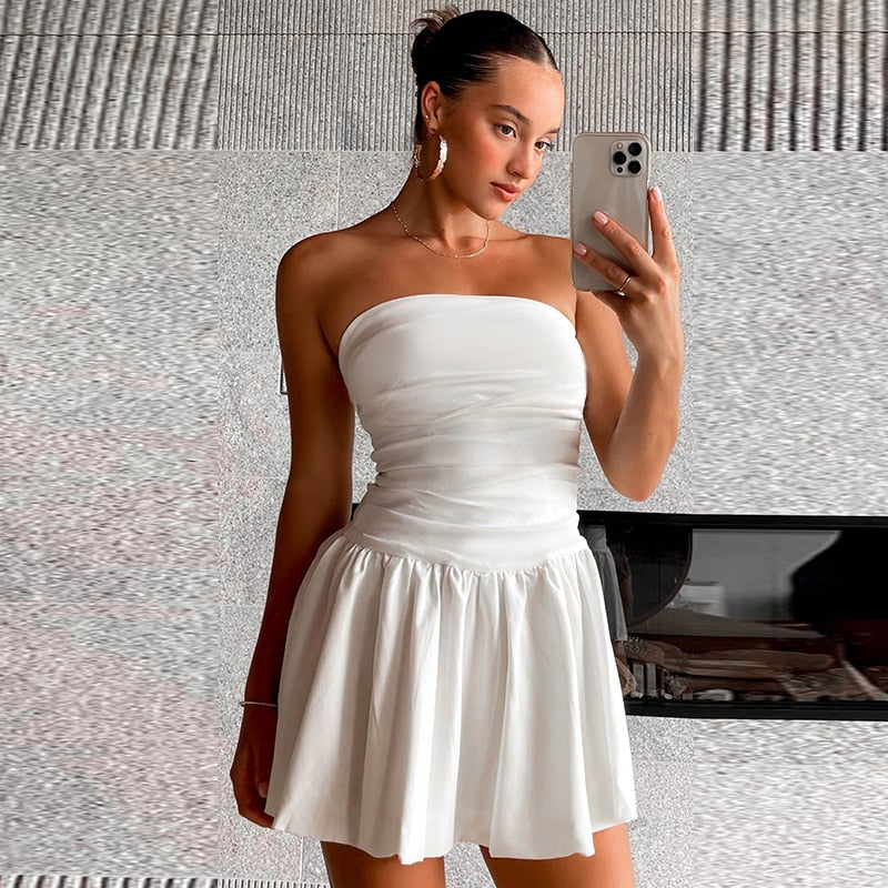Women's White Dress Strapless Ruched | Mini