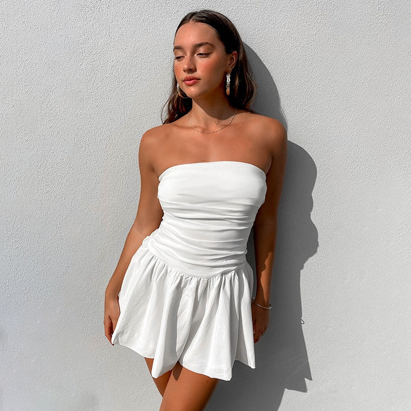 Women's White Dress Strapless Ruched | Mini