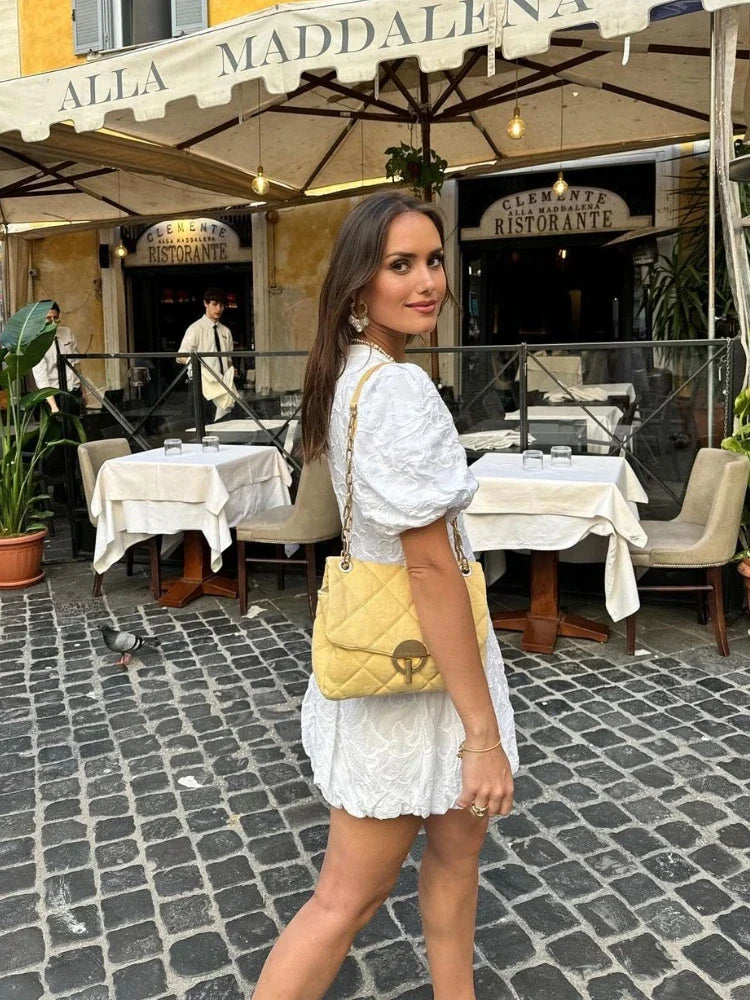 Women's White Dress V-Neck Puff Sleeve | Mini