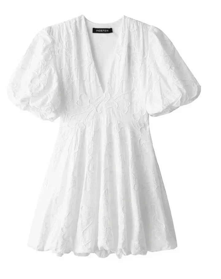 Women's White Dress V-Neck Puff Sleeve | Mini