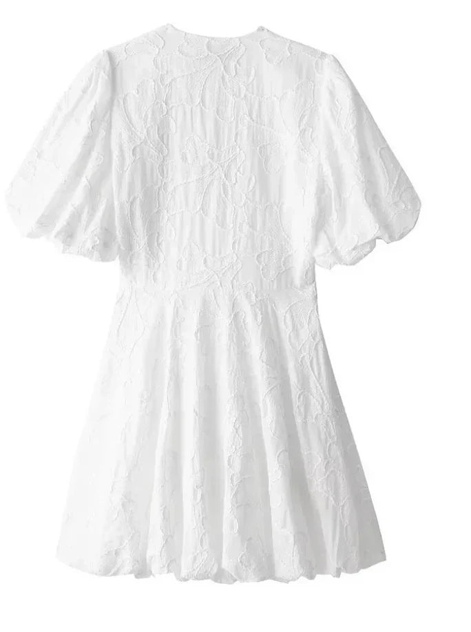 Women's White Dress V-Neck Puff Sleeve | Mini