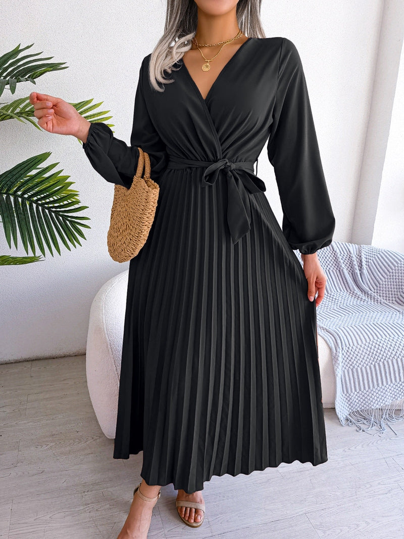 Women’s Long Sleeve Pleated Maxi Dress | Tie Waist