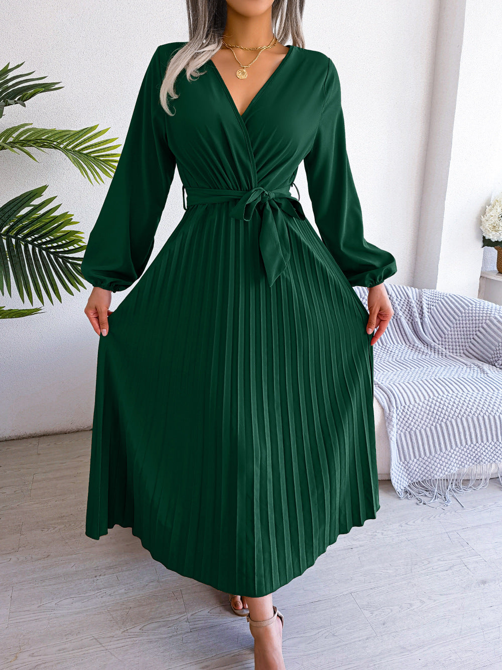Women’s Long Sleeve Pleated Maxi Dress | Tie Waist