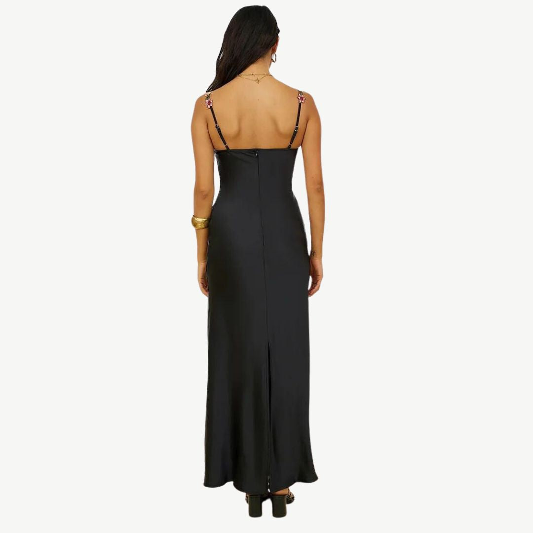 Women's Slip Black Dress with Floral Trim | Evening