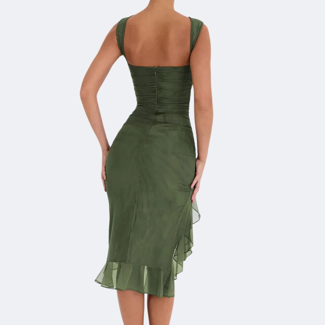 Women’s Ruched Sleeveless Midi Dress with Asymmetric Hem | Elegant