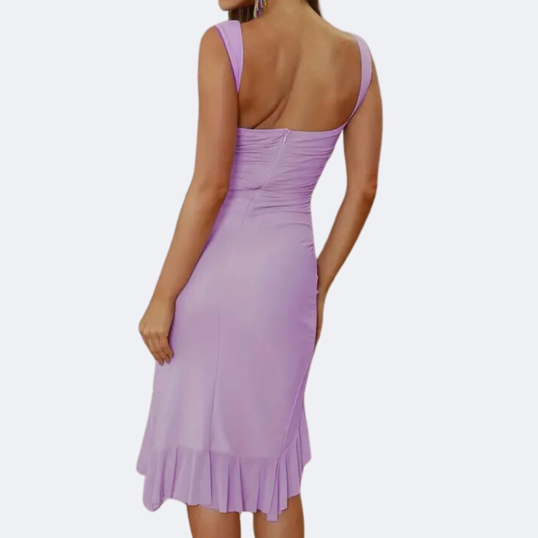 Women’s Ruched Sleeveless Midi Dress with Asymmetric Hem | Elegant