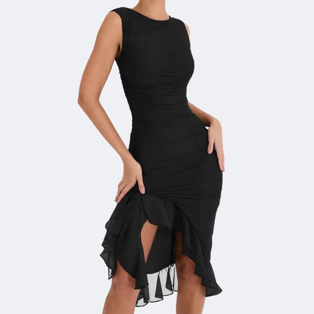 Women’s Ruched Sleeveless Midi Dress with Asymmetric Hem | Elegant