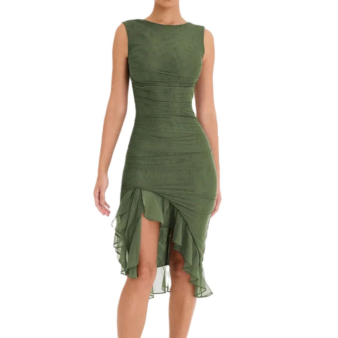 Women’s Ruched Sleeveless Midi Dress with Asymmetric Hem | Elegant