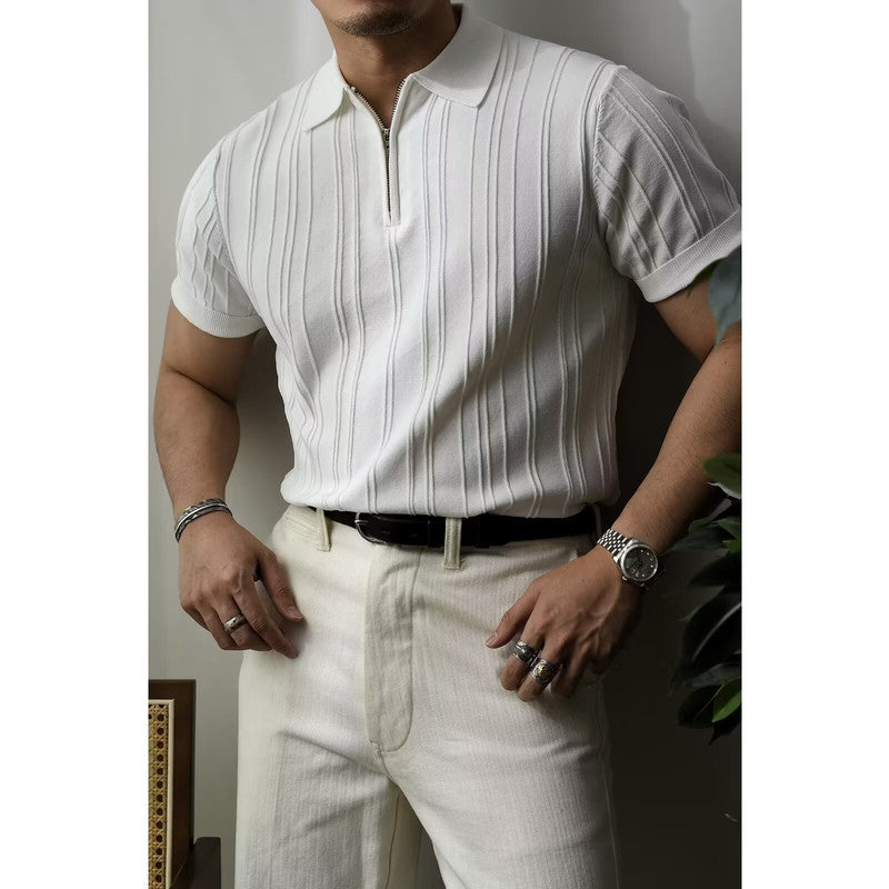 Darren – Ribbed Knit Polo Shirt with Zip Collar and Slim Fit