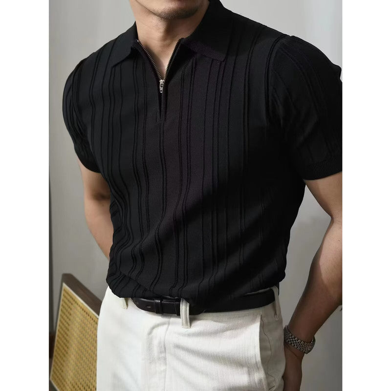 Darren – Ribbed Knit Polo Shirt with Zip Collar and Slim Fit