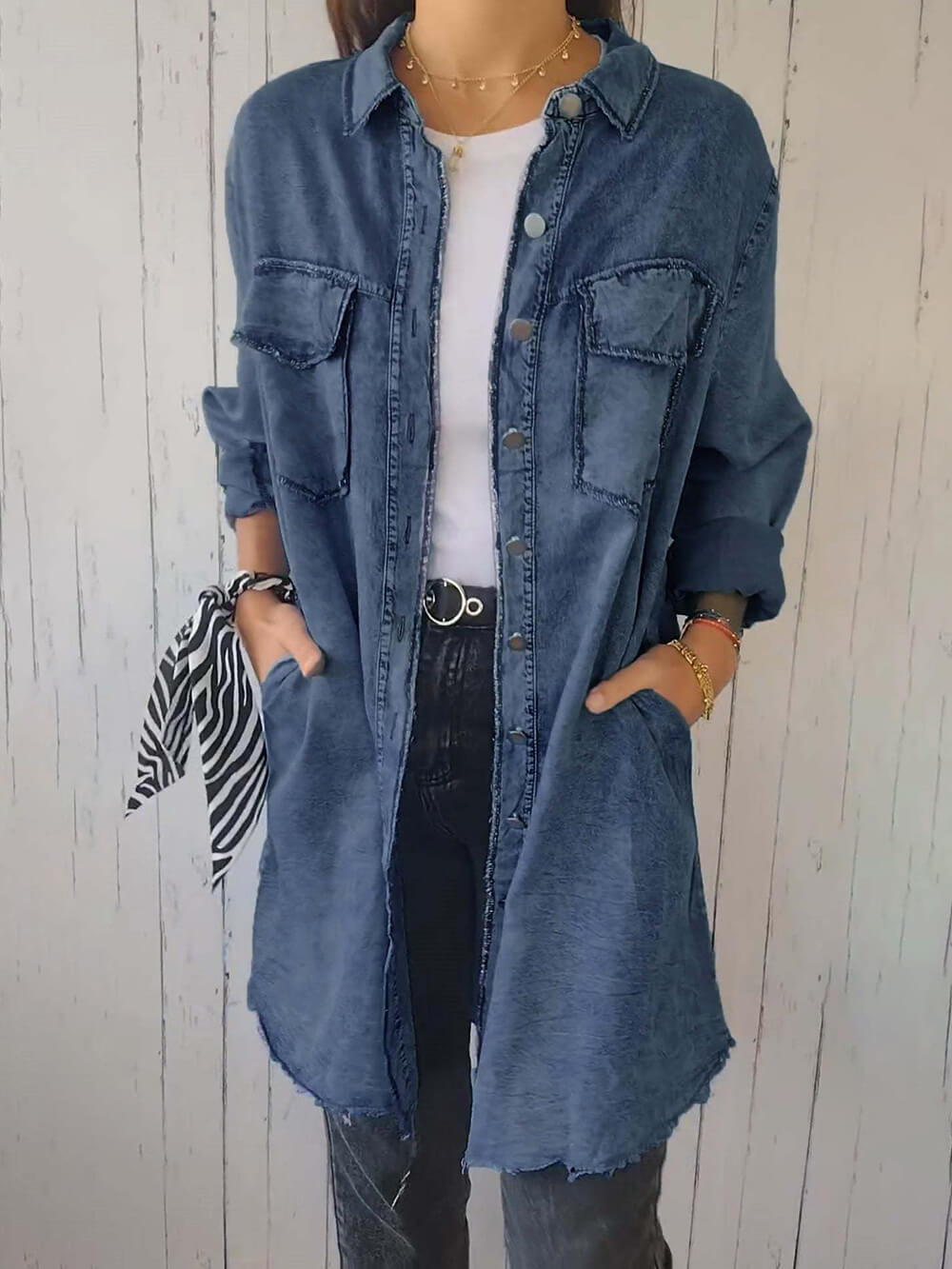 Distressed Hem Button-Up Women Jackets | Longline