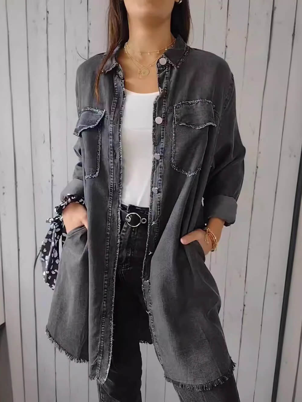 Distressed Hem Button-Up Women Jackets | Longline