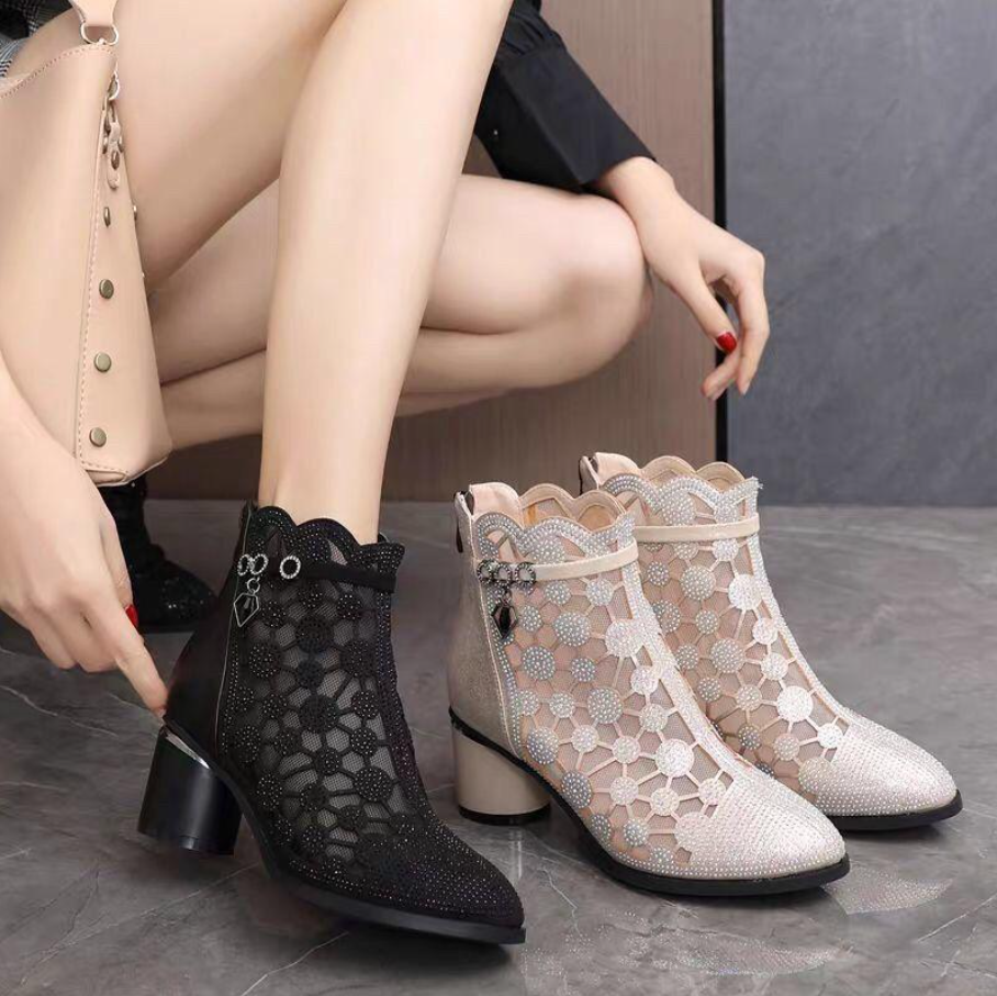 Elegant Women's Ankle Boots With Floral Mesh | Mid Heel