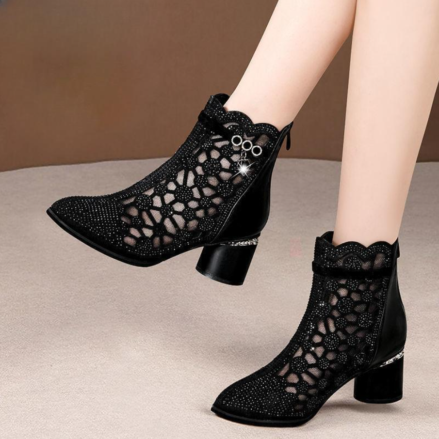 Elegant Women's Ankle Boots With Floral Mesh | Mid Heel
