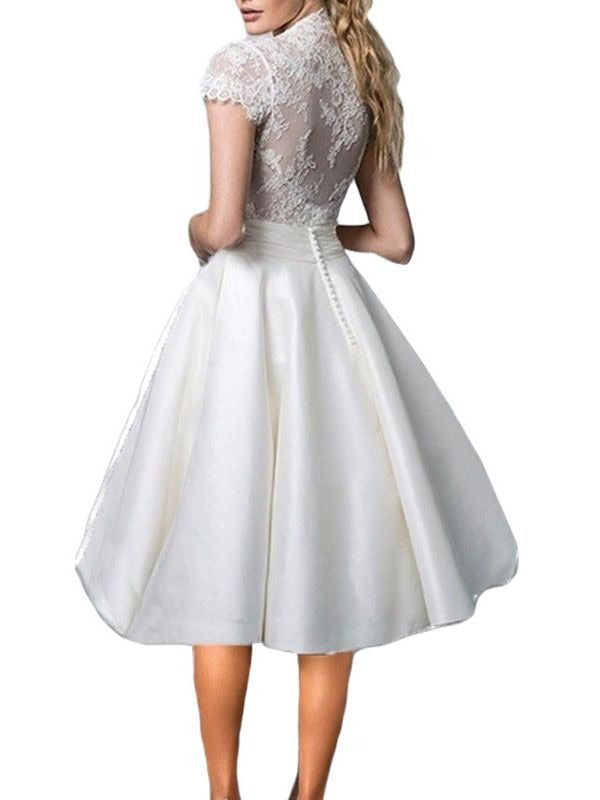 Elegant Women's Bridal Gown Dress With Lace Sleeves | Midi