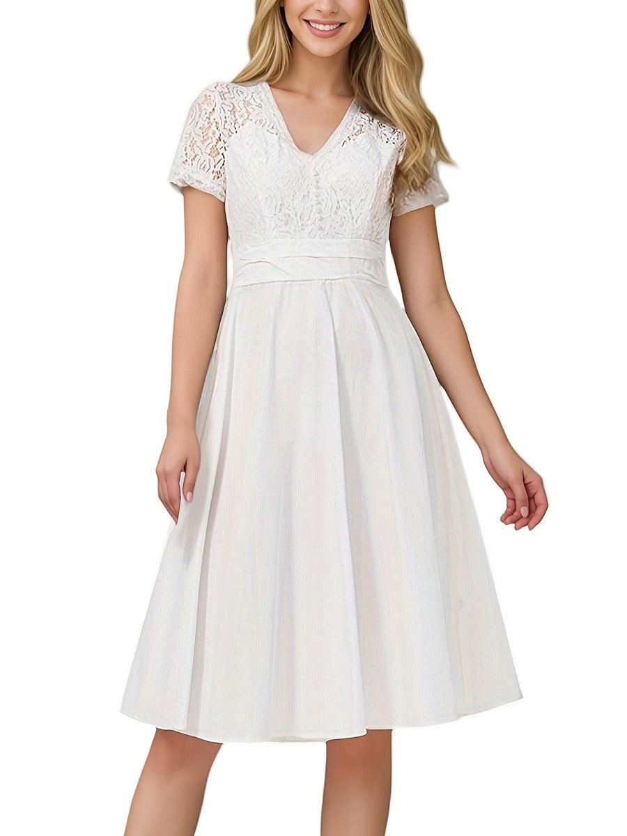 Elegant Women's Bridal Gown Dress With Lace Sleeves | Midi