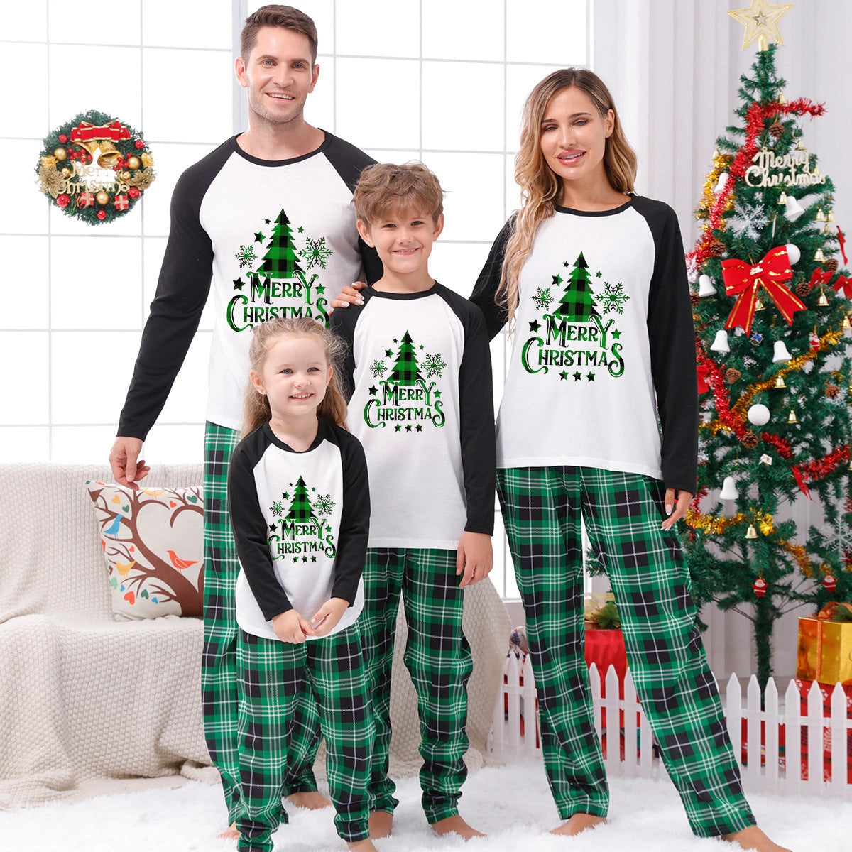 Family Christmas Pyjamas Green Plaid Tree Print | Festive
