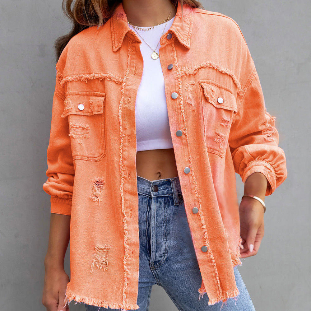 Frayed Hem Longline Women's Jackets | Button-Up