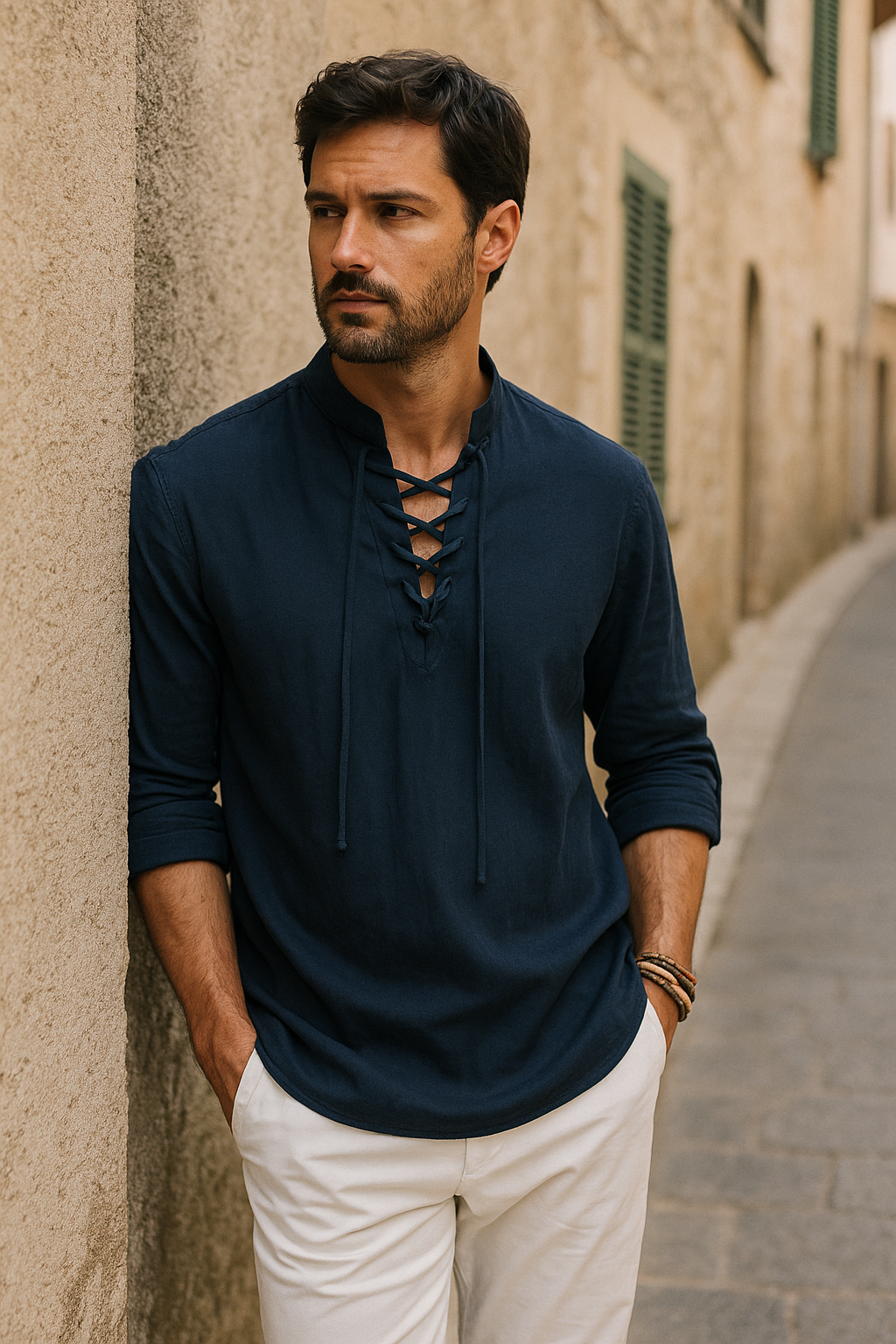 Luca – Casual Lace-Up Shirt with Mandarin Collar and Rolled Sleeves