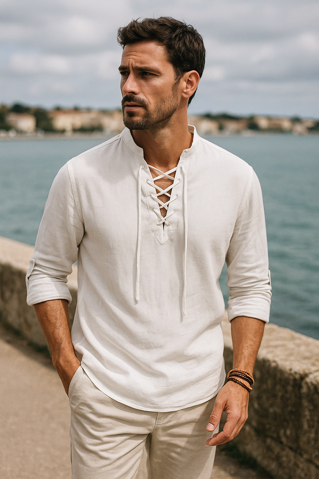 Luca – Casual Lace-Up Shirt with Mandarin Collar and Rolled Sleeves