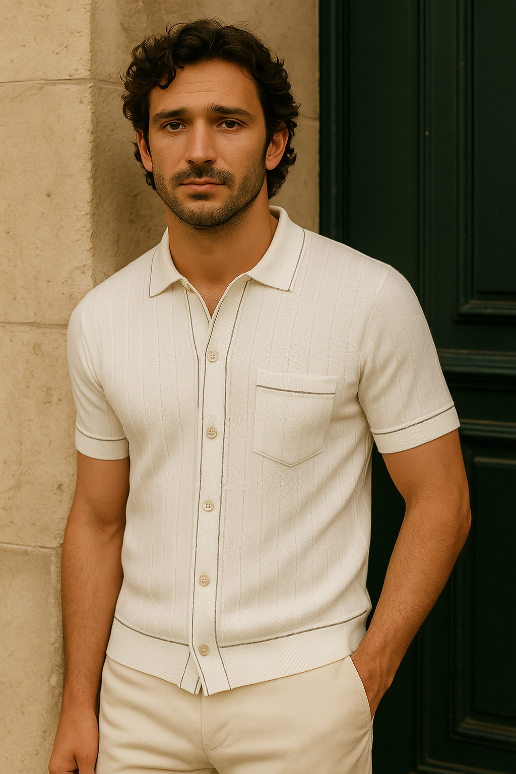 Marco – Button-Up Knit Shirt with Contrast Piping and Ribbed Texture