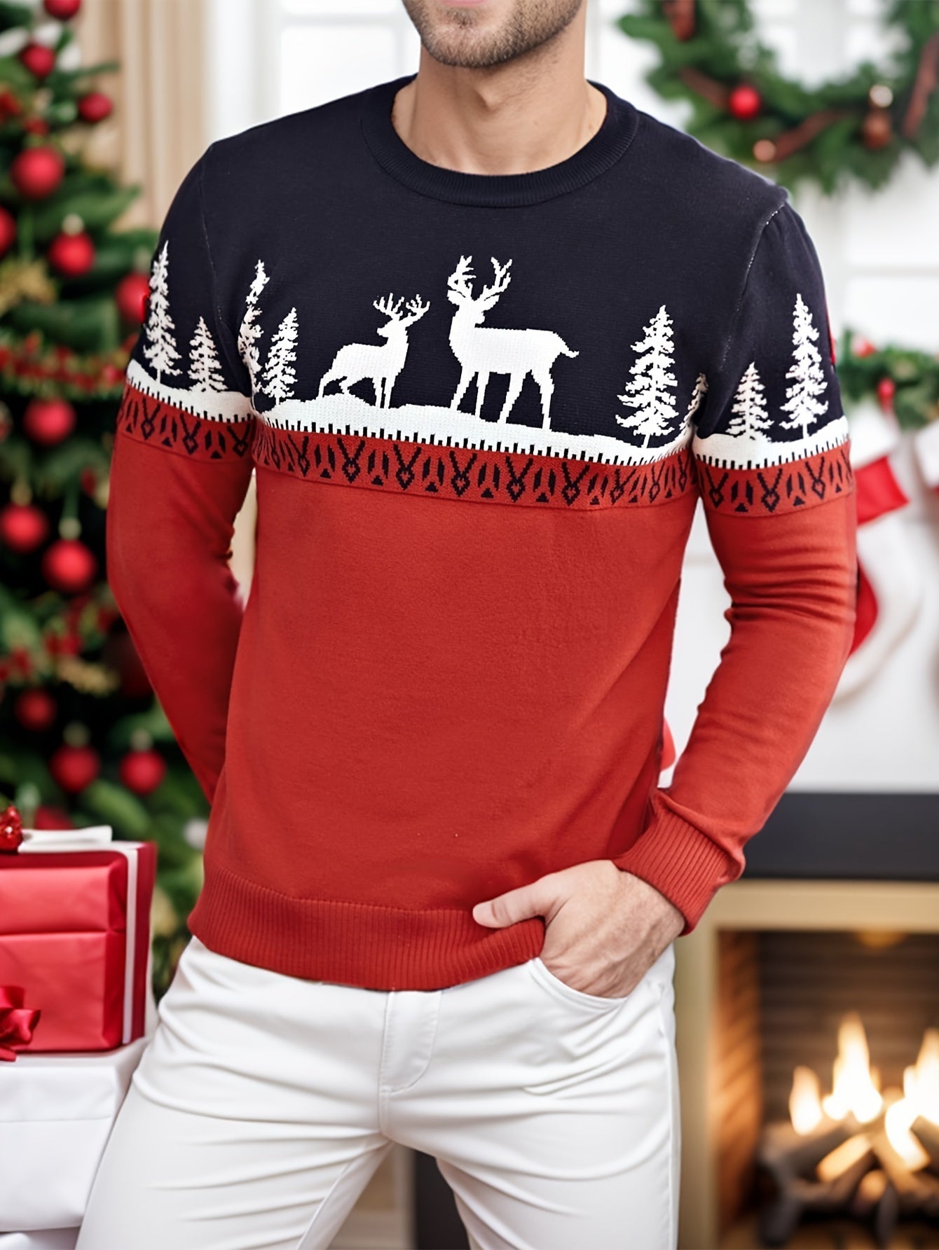 Men’s Christmas Jumper Reindeer Pattern | Red Festive