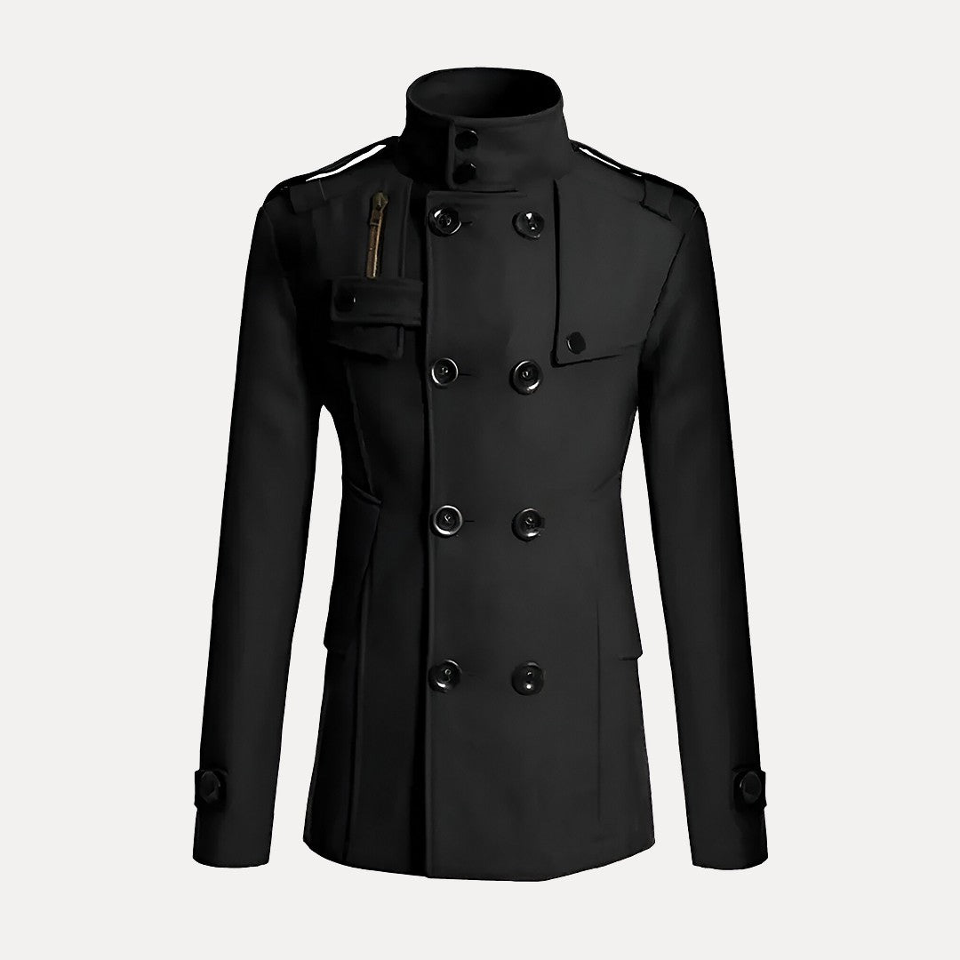 Men's Double-Breasted Trench Coat With Stand Collar | Military Style