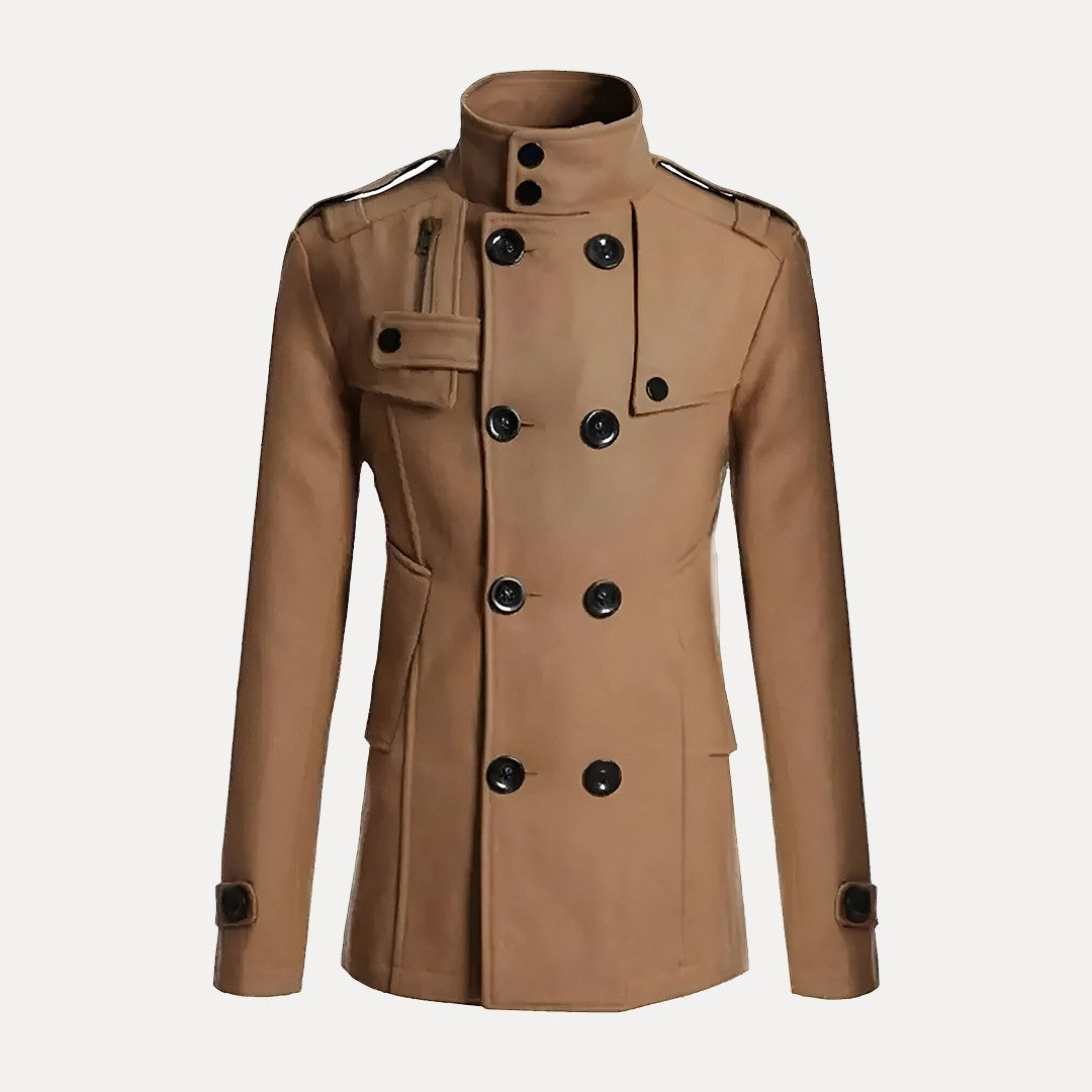 Men's Double-Breasted Trench Coat With Stand Collar | Military Style