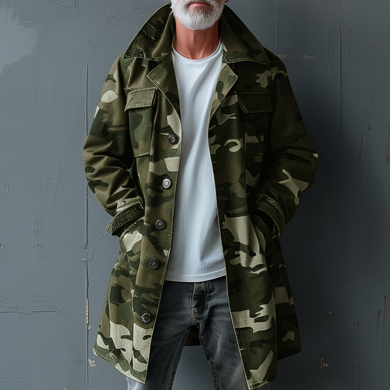 Men's Long Trench Coat Military Button-Up | Camo