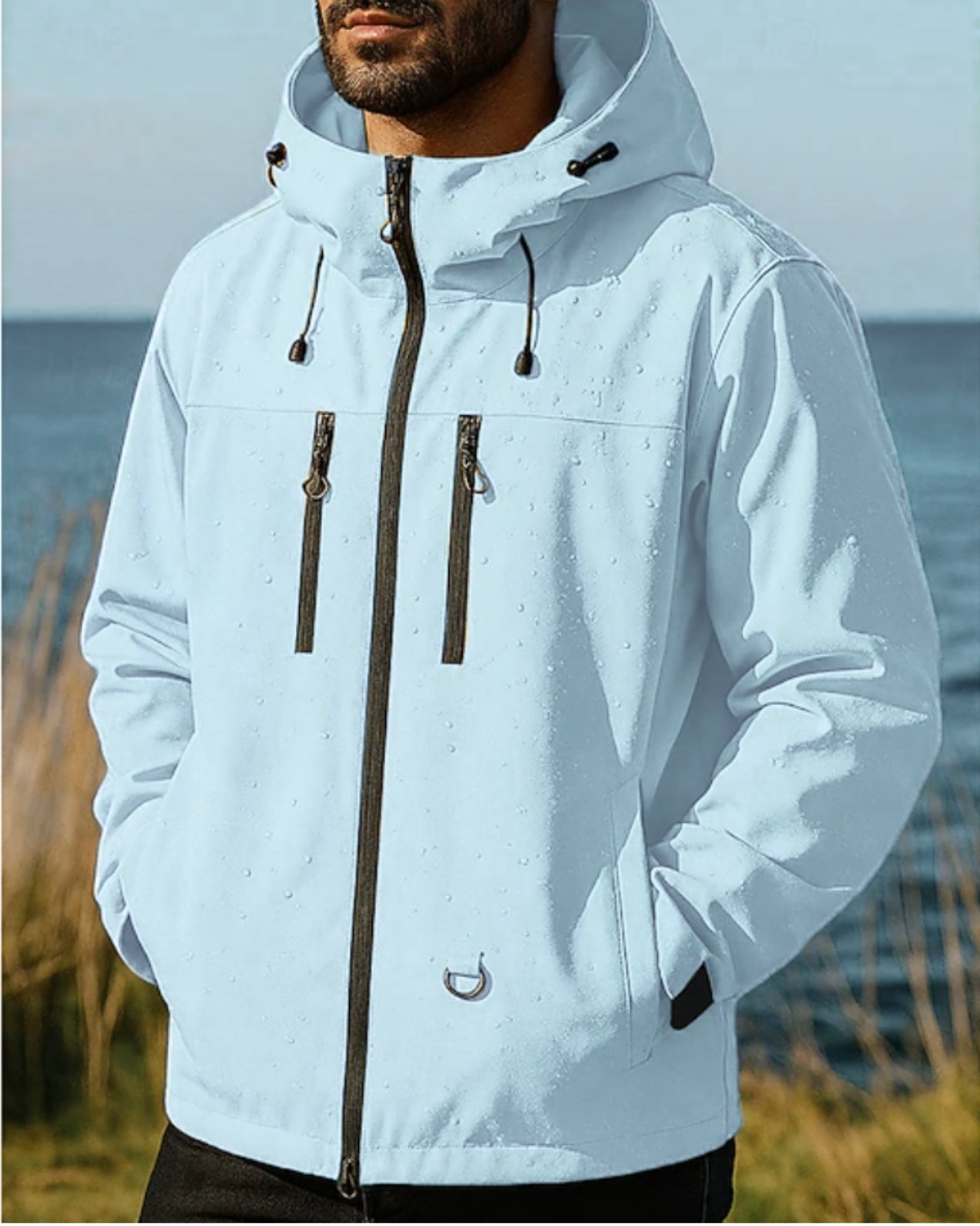 Men's Rain Jacket Hooded Zip Pockets | Windbreaker
