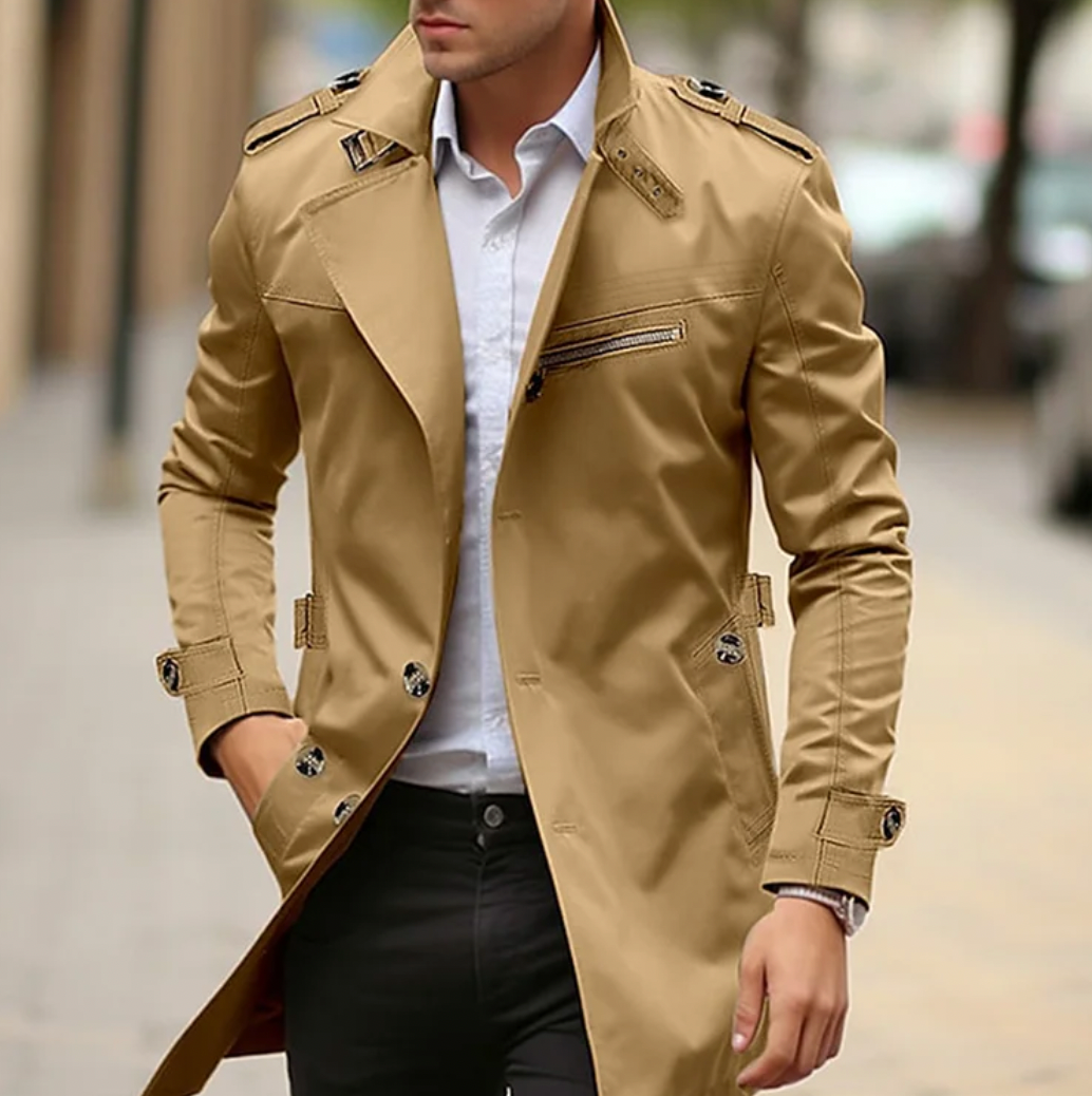 Men's Rain Trench Coat Button Belt | Long