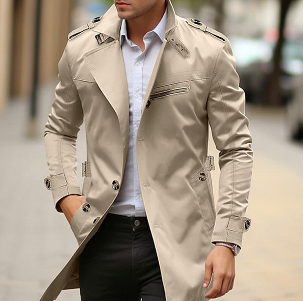 Men's Rain Trench Coat Button Belt | Long