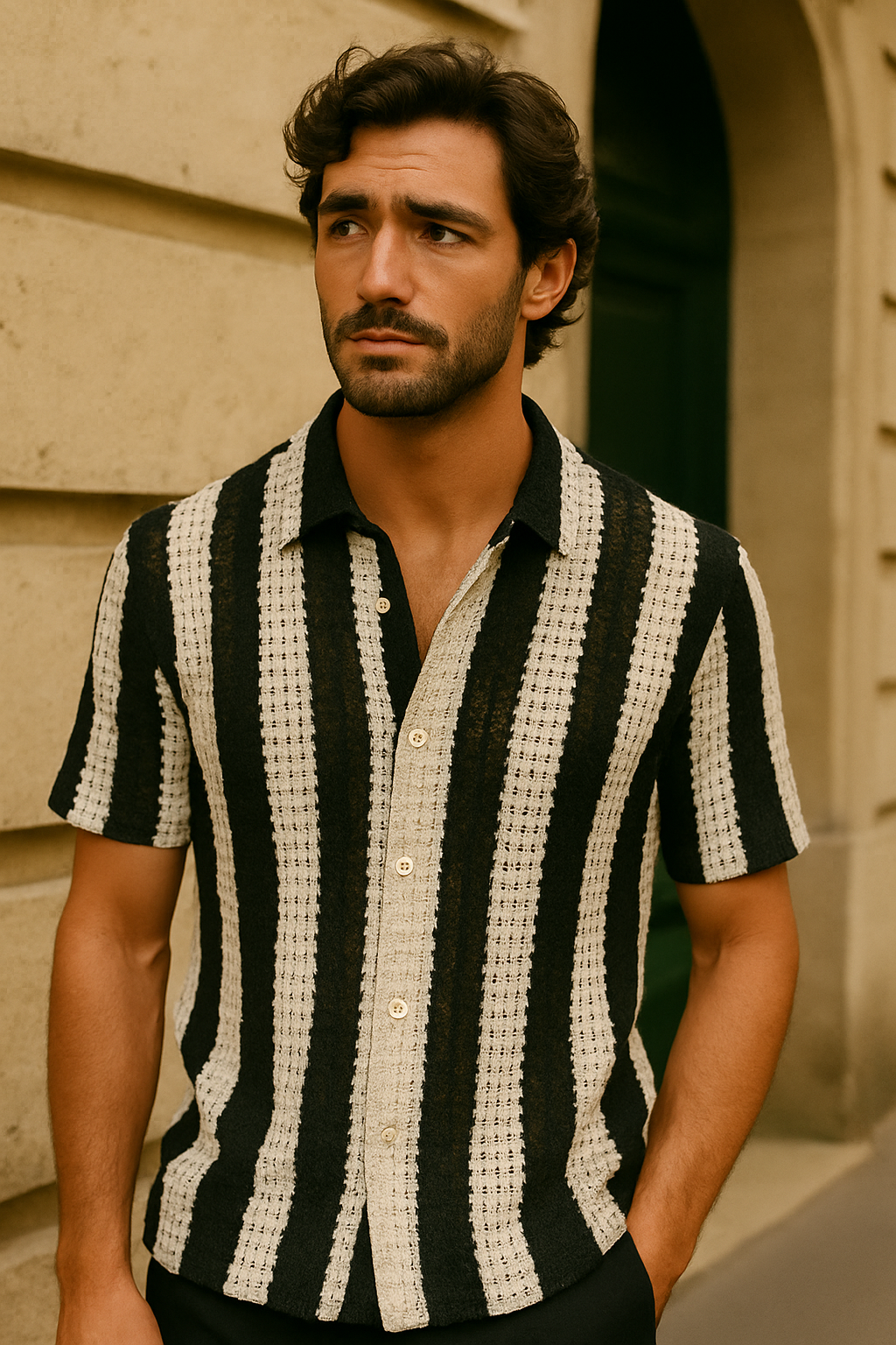 Nico – Open-Knit Striped Shirt with Relaxed Fit and Camp Collar