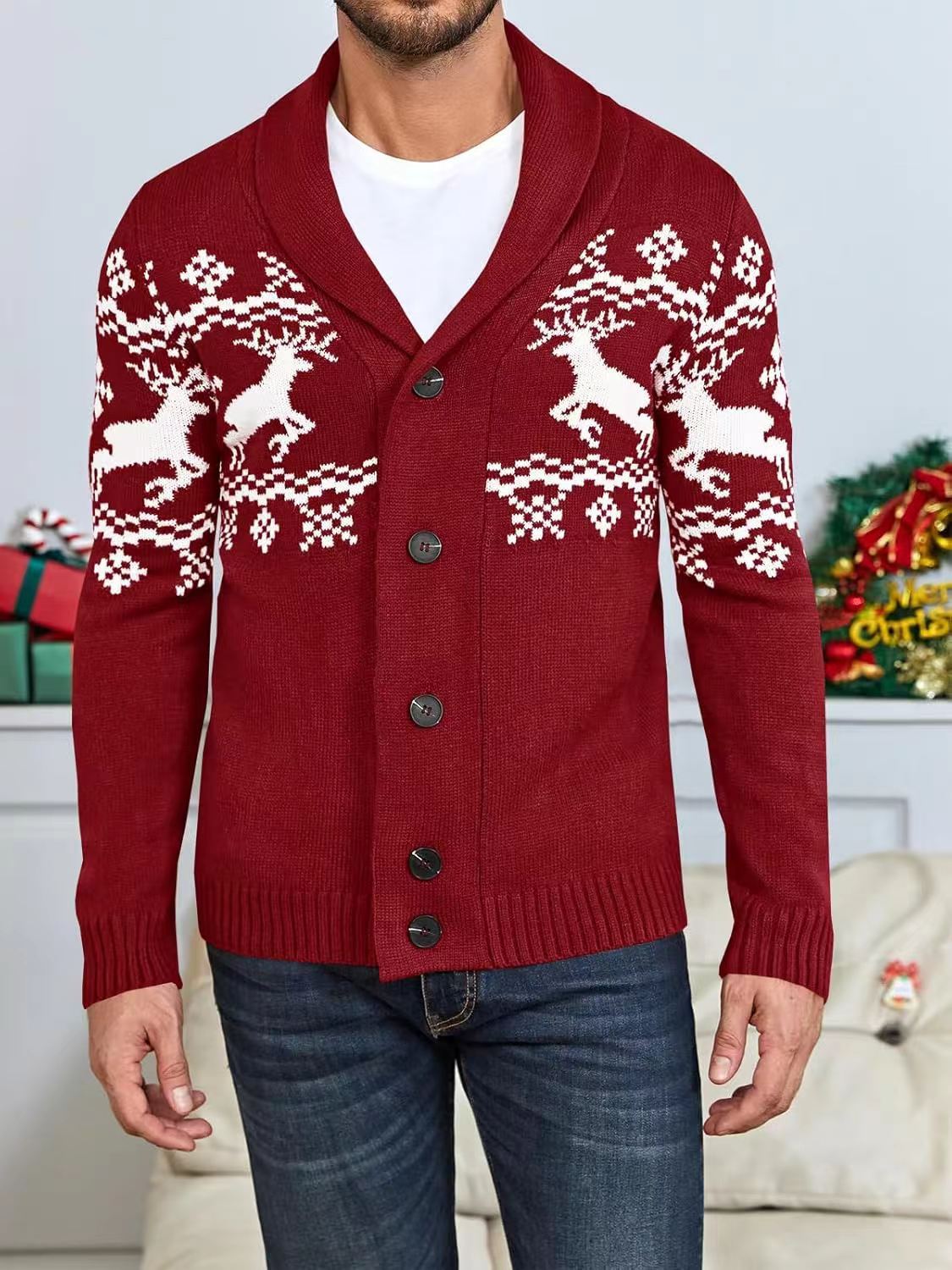 Men's Christmas Jumper Knit Cardigan | Reindeer